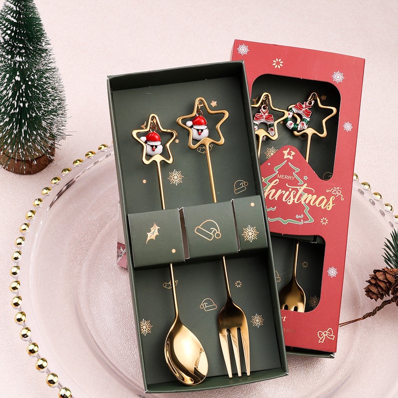 Christmas Spoon Suit Christmas Gift Tableware Two-Piece Dessert Spoon Fork Santa Elk - Image 3